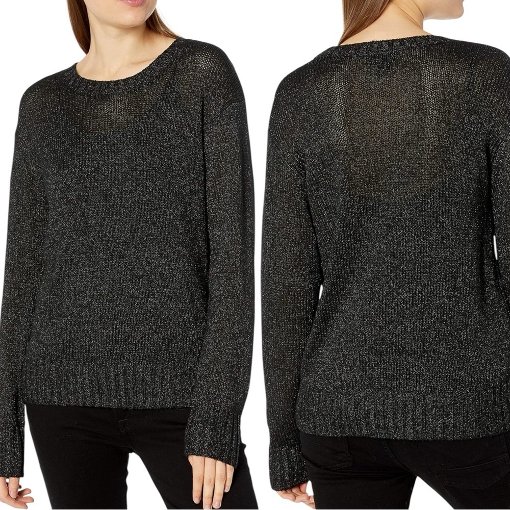 PAIGE black metallic sparkly knit sweater crew neck classic transitional fall- L